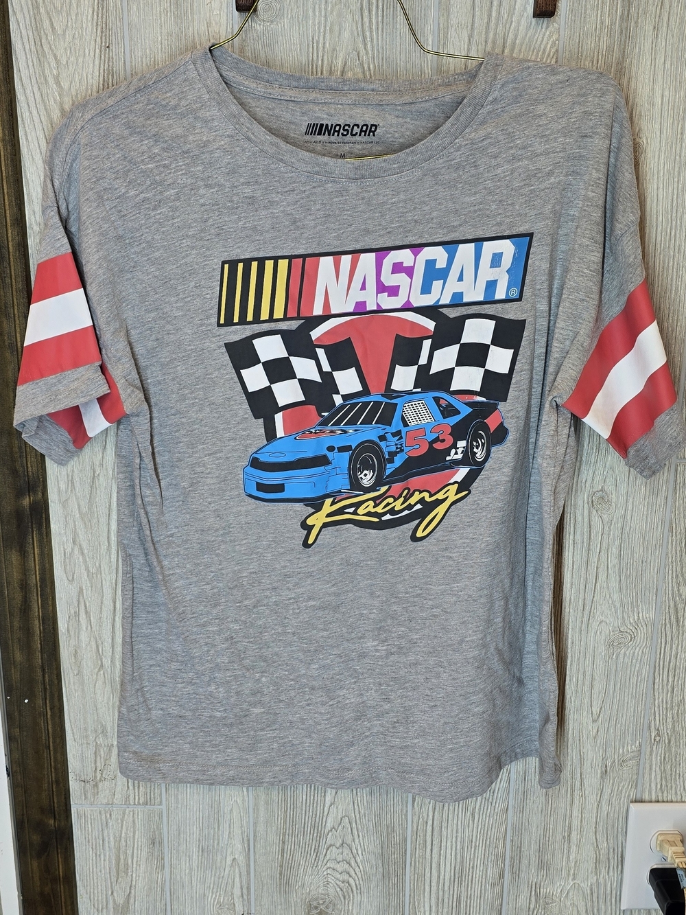 Nascar Gray Short Sleeve Tee with Blue Race Car and Red Sleeve Stripes